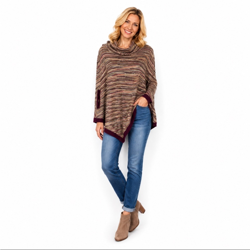 💥NWOT💥COLOUR WORKS Multicolor Striped Cowl Neck Sweater - Purple Trim Size Large